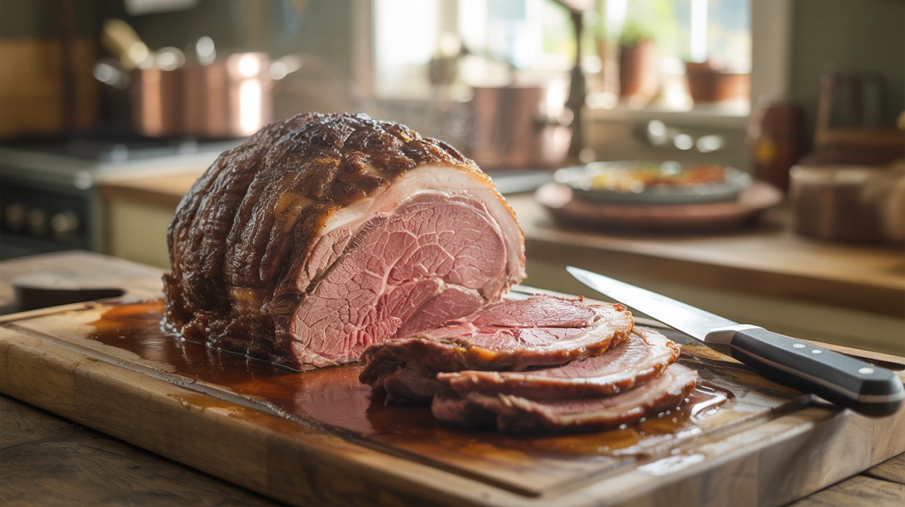 A perfectly Pikes Peak Roast resting on a wooden cutting board, ready to be sliced for serving.