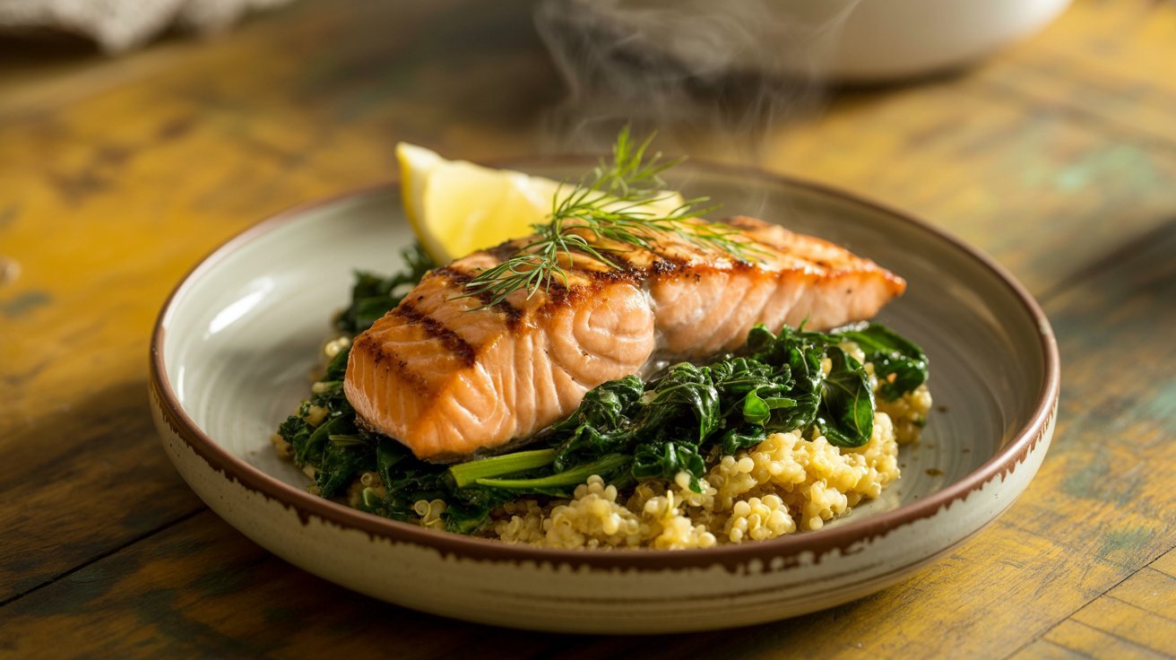 A plate featuring grilled salmon alongside couscous and fresh spinach, presented attractively for a healthy meal.