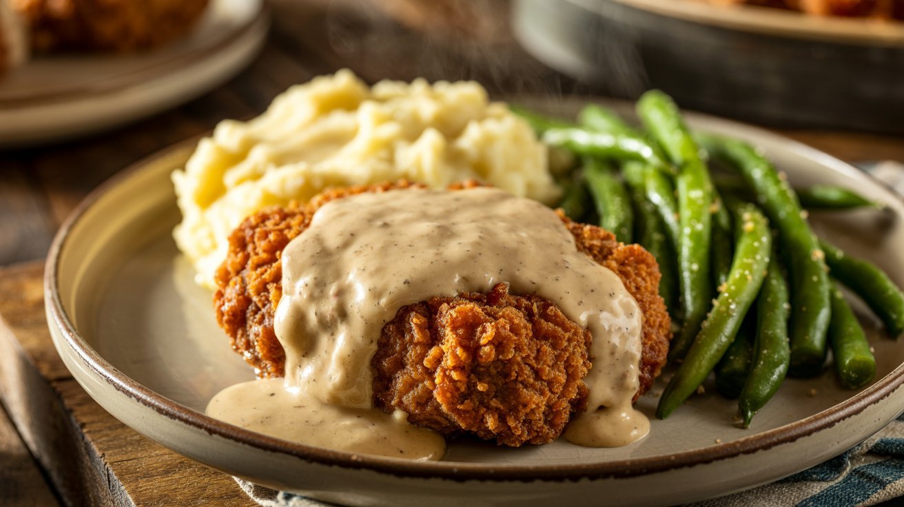 A plate of fried chicken with rich gravy and fluffy mashed potatoes.