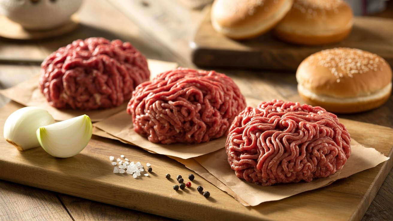A cutting board displays three raw ground beef patties, highlighting ingredients for making burgers.