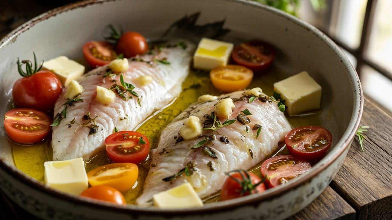 Two fish fillets with tomatoes and butter in a bowl, representing Step 3 of the Corvina fish recipe process.