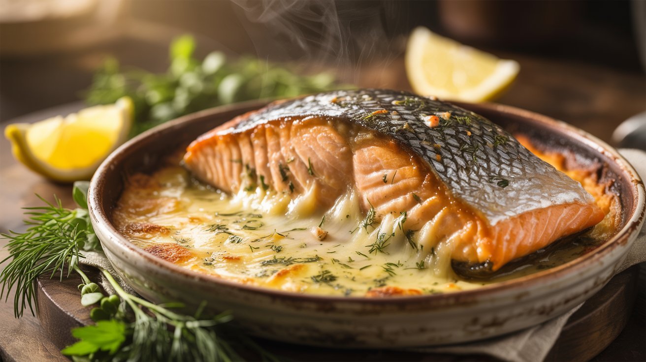 Baked salmon stuffed with crabmeat and shrimp, topped with cheese and herbs in a bowl.