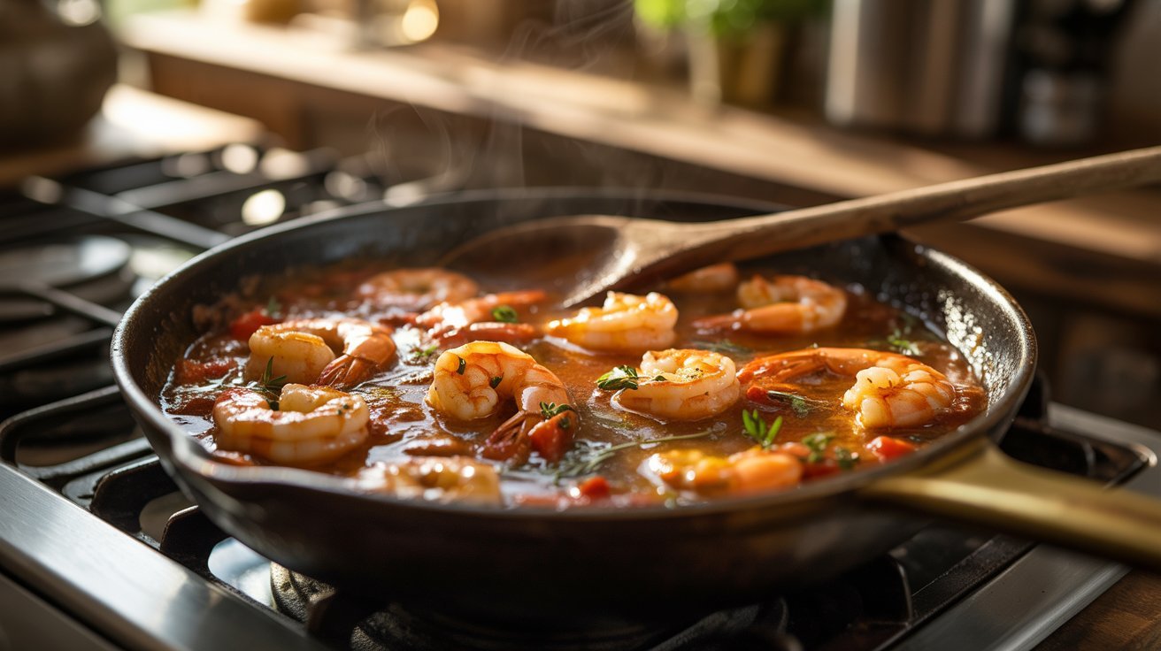 A skillet filled with shrimp and tomato stew, invitingly prepared and resting before serving for enhanced taste.