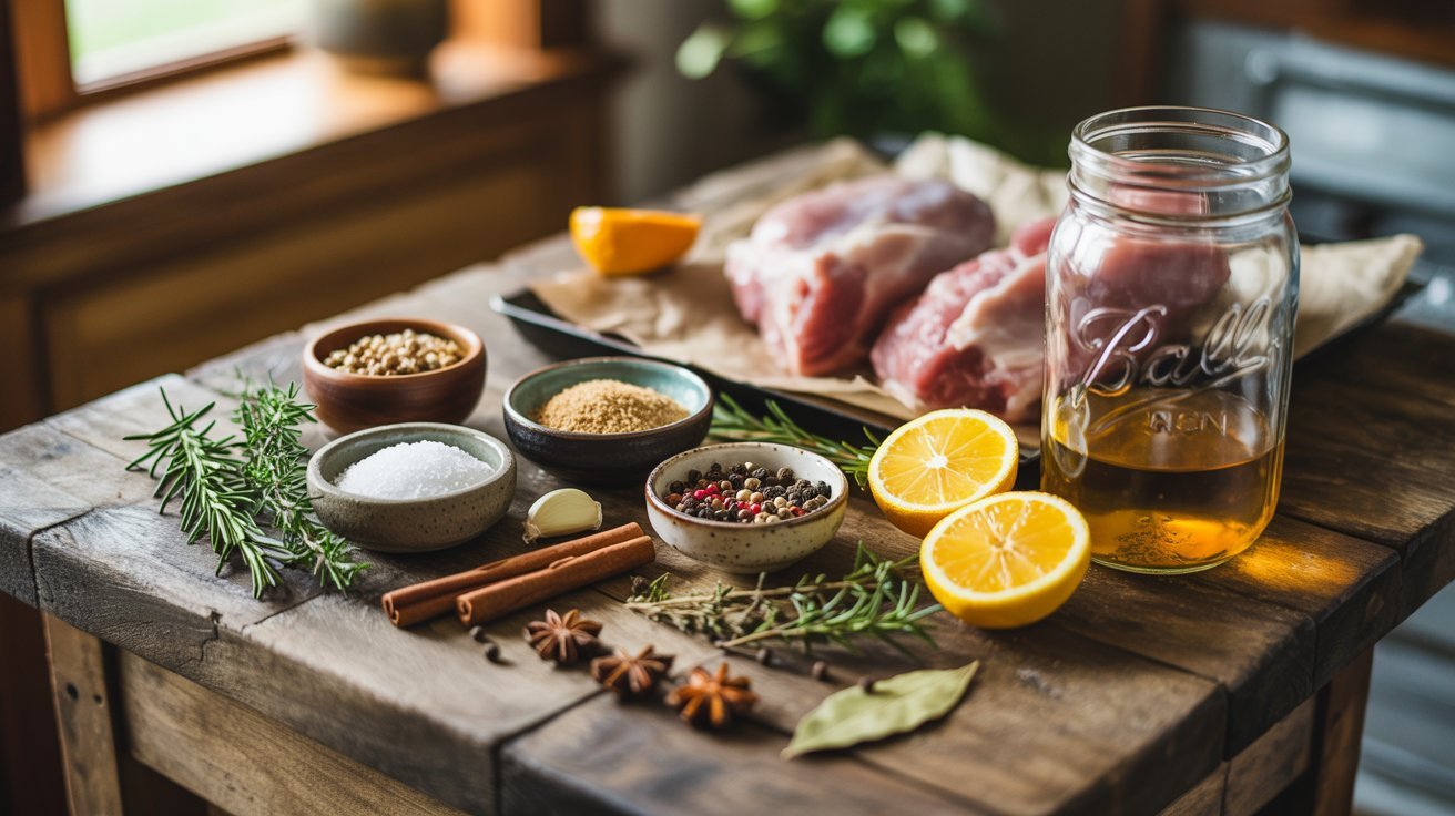 Ingredients forPork Brine Recipe including vegetables, herbs, and spices arranged on a wooden countertop.