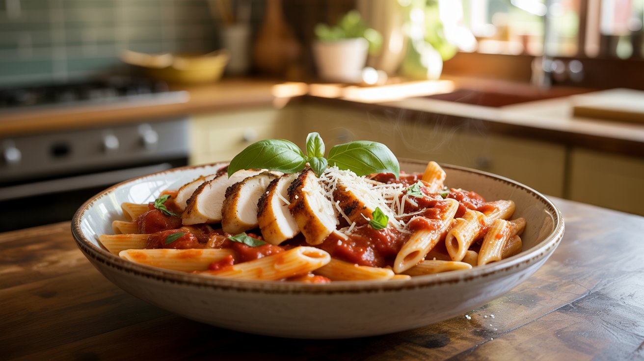 A Bowl containing chicken and pasta simmering in marinara sauce, highlighting a simple and delicious dish.