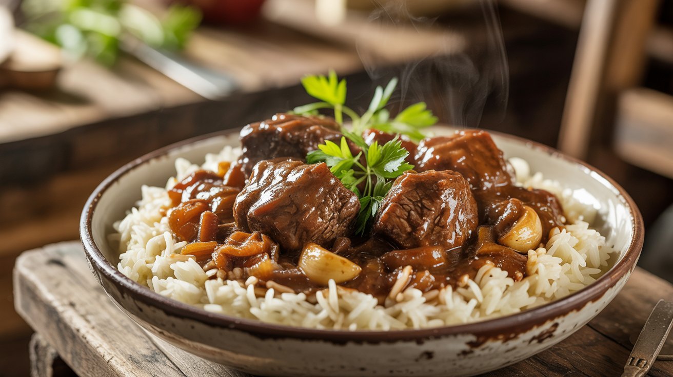 A serving of beef and rice in a bowl, garnished with gravy.