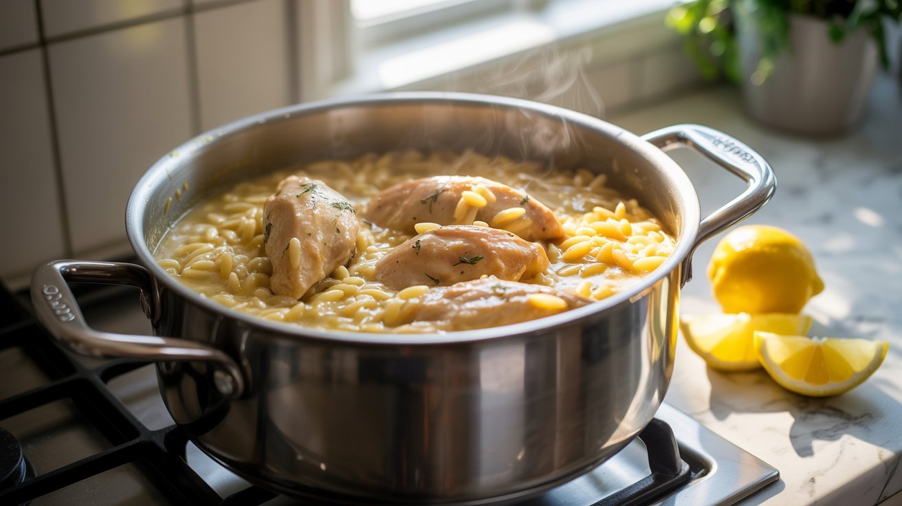 A pot of chicken Orzo Pasta simmering on a stove, ready to be finished with lemon juice and seasoning.