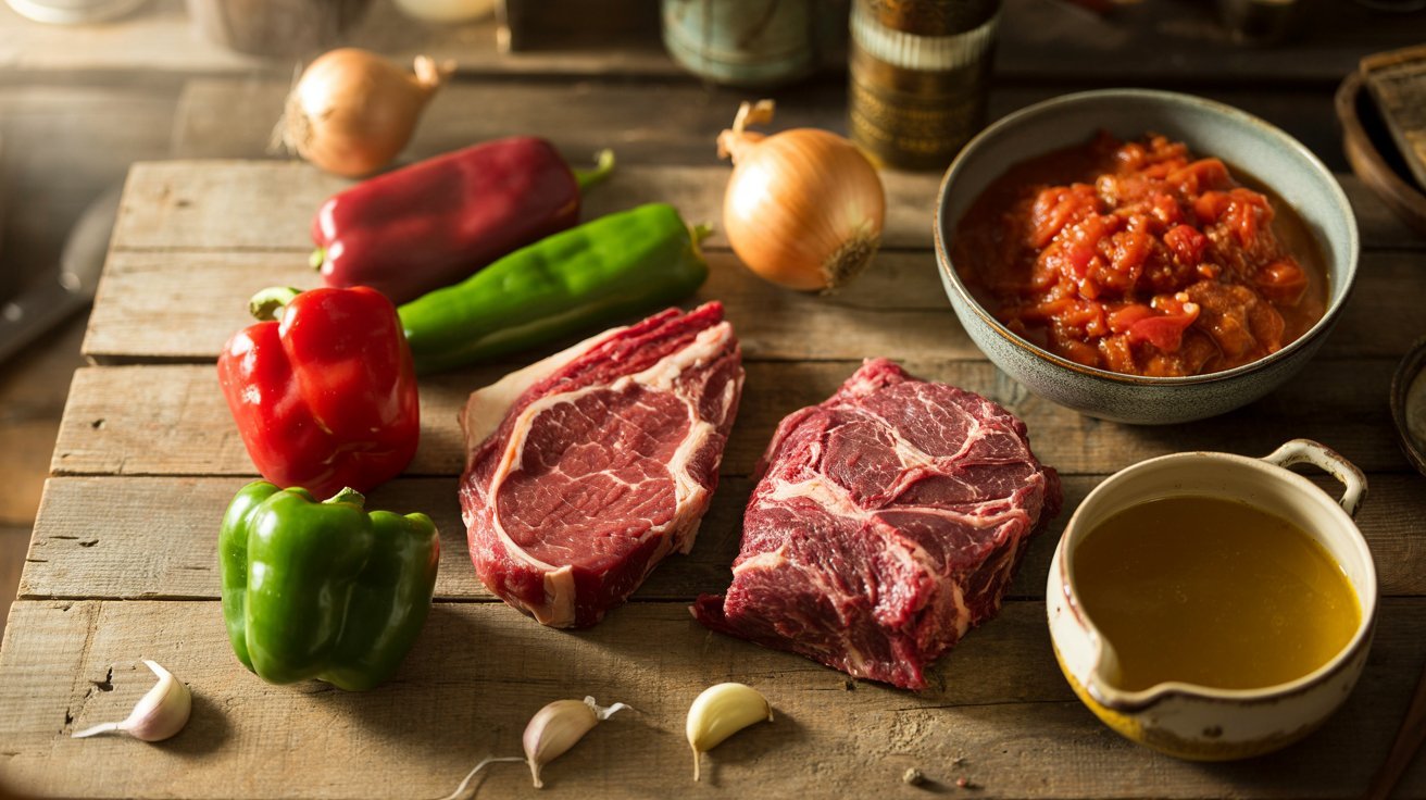 A wooden table displays an assortment of meat, fresh vegetables, and spices, highlighting core ingredients for recipes.