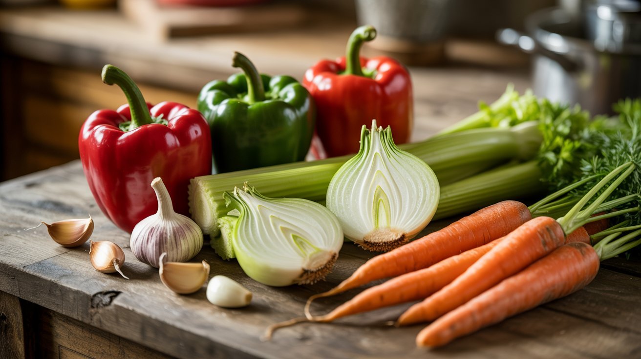 A variety of fresh vegetables and aromatic herbs displayed on a wooden table, emphasizing their natural colors and freshness.
