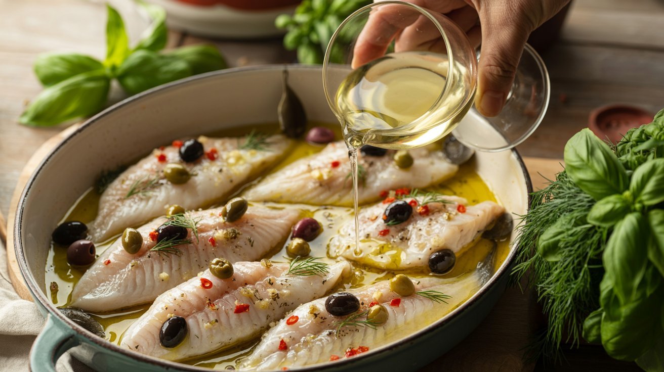A person drizzles olive oil over fish in a pan, highlighting optional add-ins for extra flavor.
