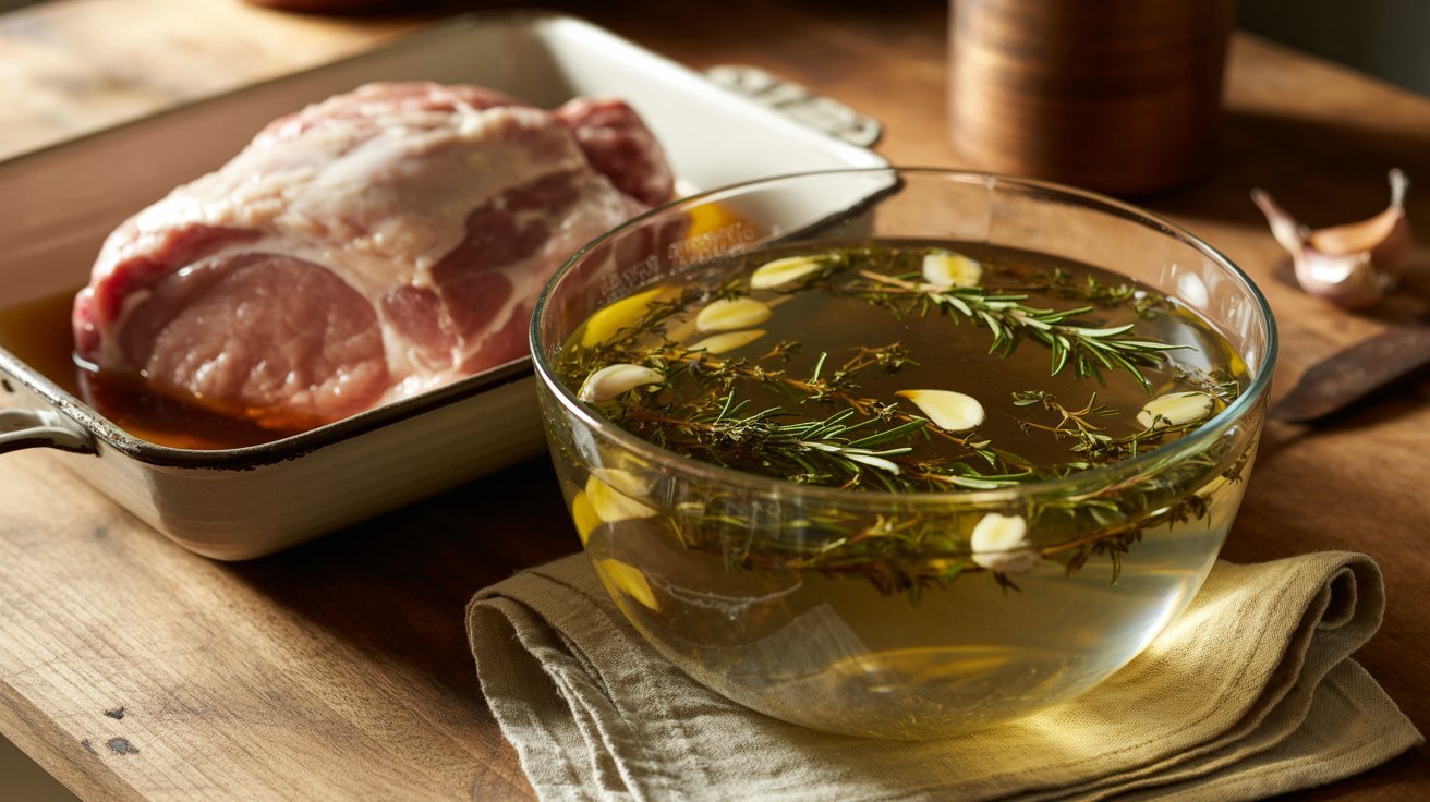 A glass of herb-infused pork brine with rosemary, thyme, and garlic, showcasing the liquid and meat mixture.