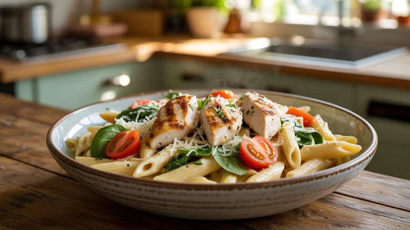 A bowl of light creamy chicken pasta with peas, showcasing tender chicken pieces and vibrant green peas.