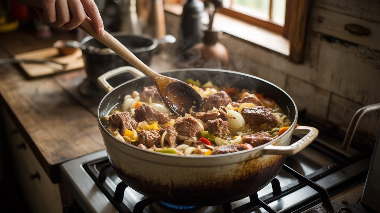 A cook stirring a pot of meat and vegetables on the stove, preparing a stew Meat with rice.