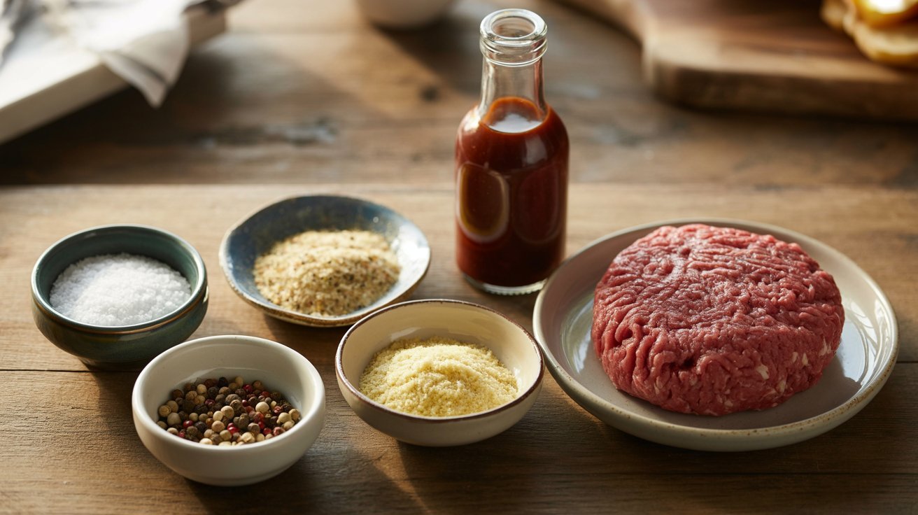 A wooden table showcasing essential burger ingredients: binders, liquids, and seasonings arranged neatly.