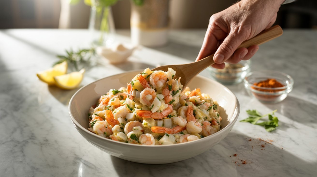 A hand with a spoon hovers over a bowl of shrimp salad, part of a recipe for stuffed salmon with crabmeat.