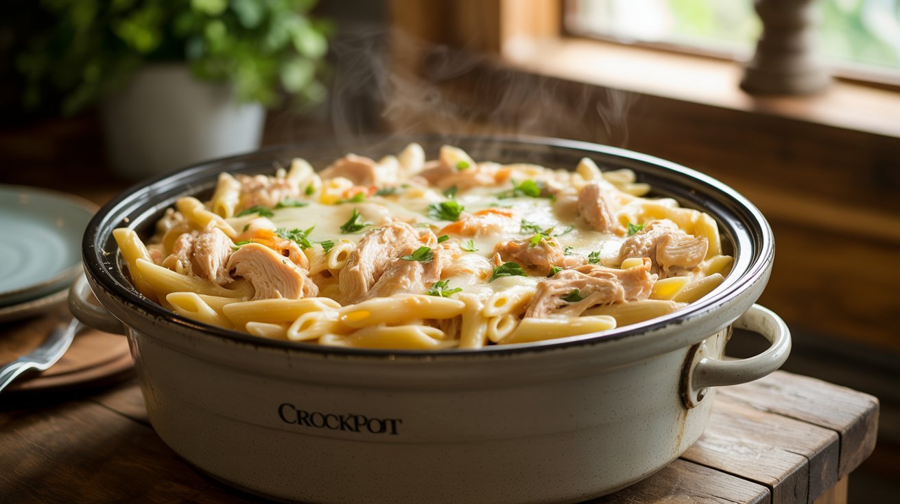 A serving of classic creamy chicken pasta, featuring tender chicken pieces and a generous layer of cheese.