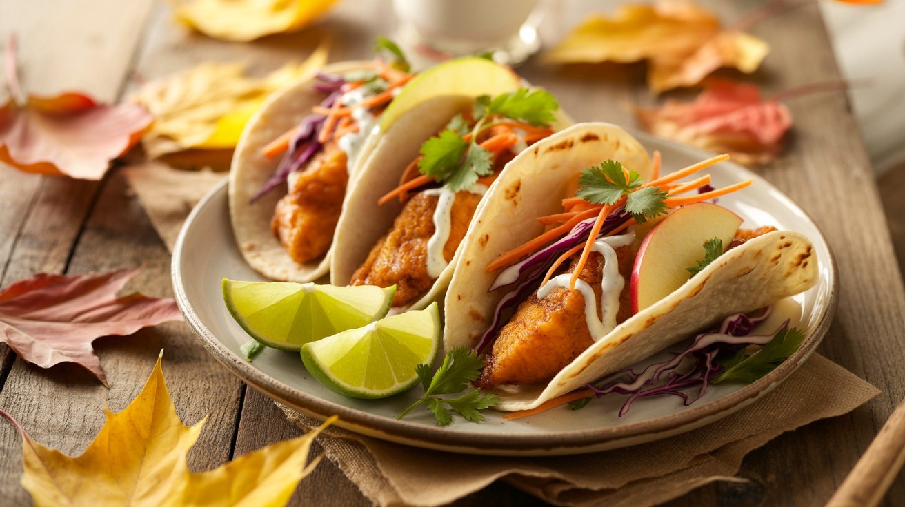 A plate featuring three fish tacos filled with fresh vegetables and a lime, highlighting a simple autumn dish.