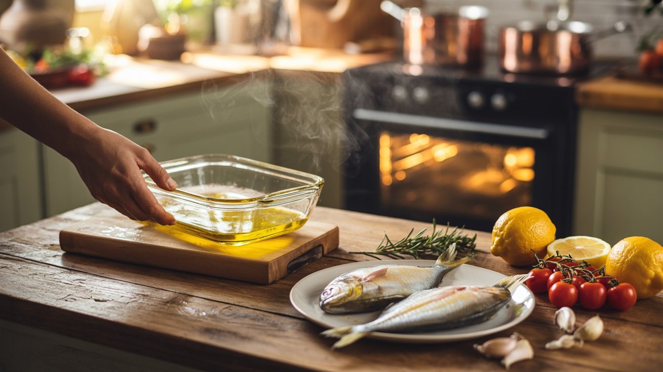 A person prepares fish in a pan with olive oil, following the first step of preheating the oven and preparing the dish.