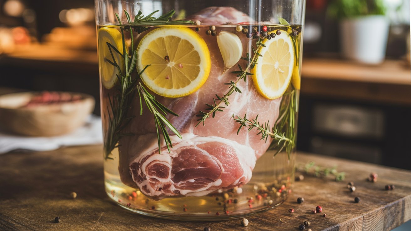 A glass jar filled with pork and lemon slices, demonstrating a brining process for enhanced flavor absorption.