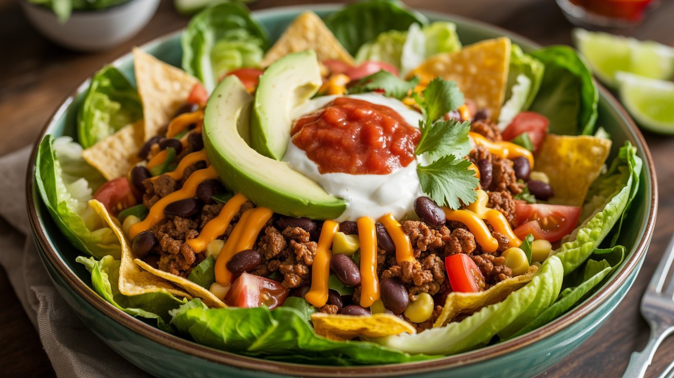 A vibrant classic taco salad with fresh avocado, crisp lettuce, juicy tomatoes, and creamy sour cream.