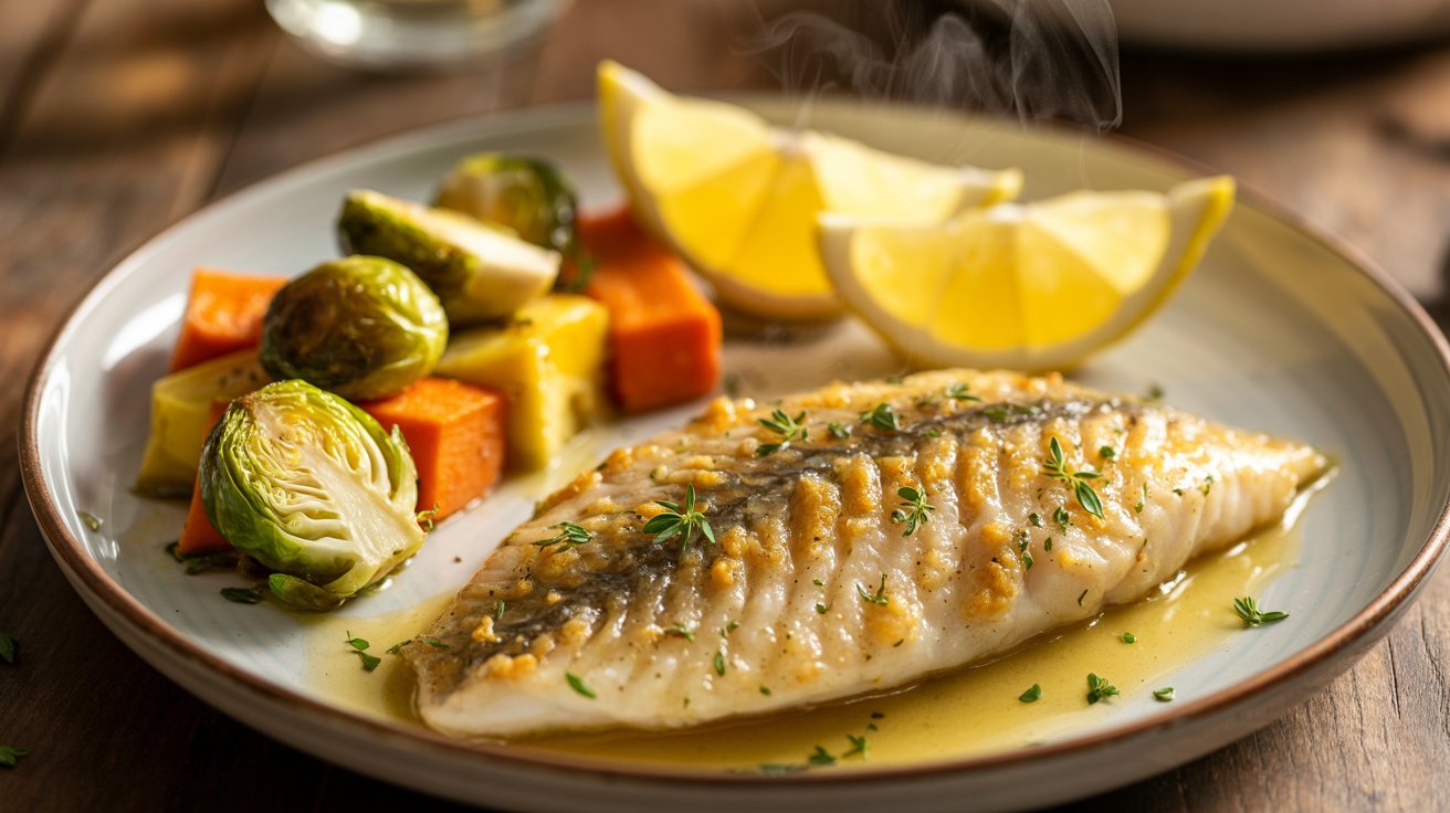 A plate featuring lemon garlic tilapia, colorful vegetables, and fresh lemon slices, ideal for a quick fall dinner.