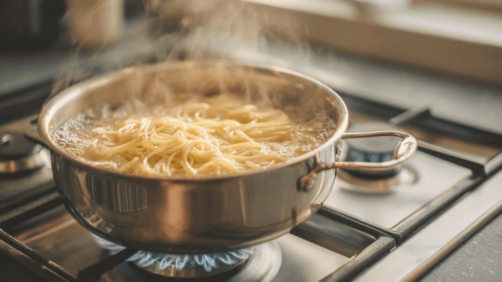 A pot of pasta boiling on a stove, part of a beef noodle soup recipe, with steam rising from the bubbling water.