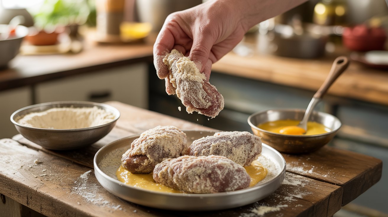 A hand presents a plate of chicken livers, illustrating the proper coating technique in Step 2 of the recipe.