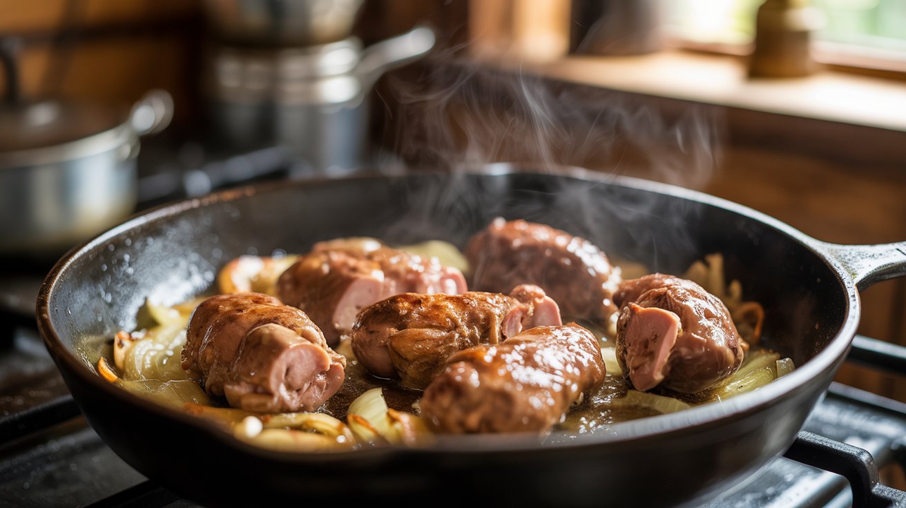 Chicken Liver sizzling in a skillet on the stove, showcasing a golden-brown sear.