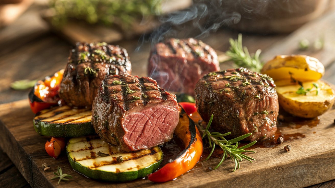 A wooden cutting board featuring grilled venison cube steak, garnished with vegetables and herbs for a flavorful presentation.