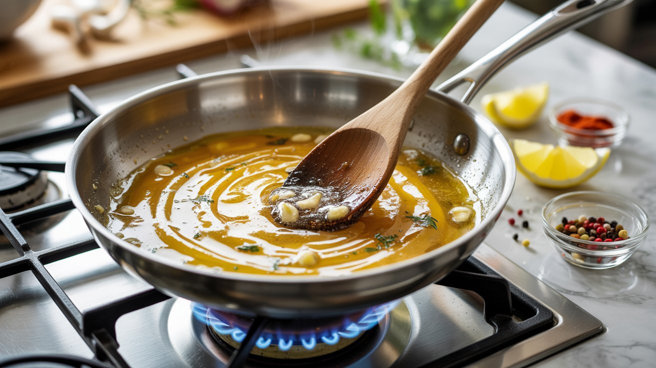A pan with butter sauce. on the stove, part of a recipe for shrimp and grits.