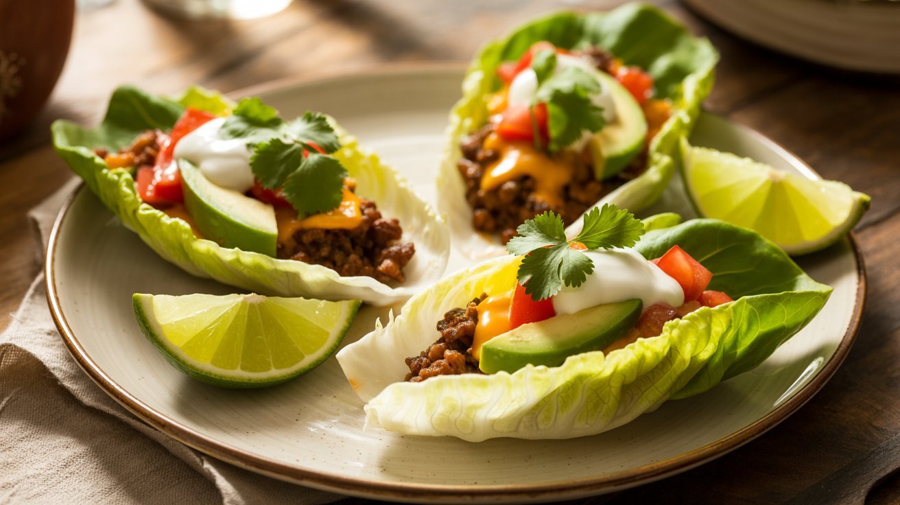 A trio of lettuce cups filled with savory meat, cheese, and colorful vegetables, showcasing Taco Lettuce Wraps