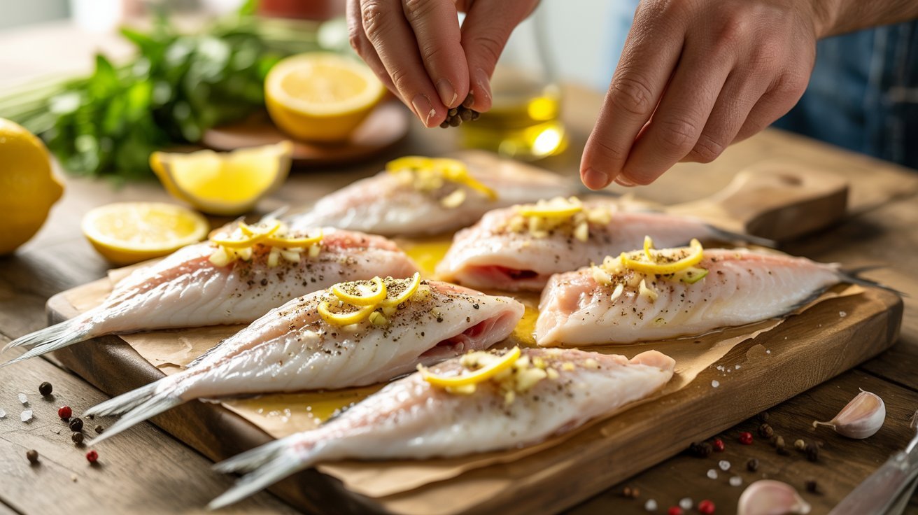 A person seasons Corvina fish with lemon pepper and garlic on a wooden cutting board.