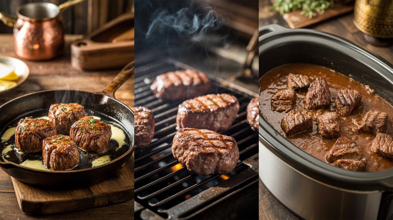 Three images showing meat being cooked in a slow cooker,pan and grill illustrating the cooking process.