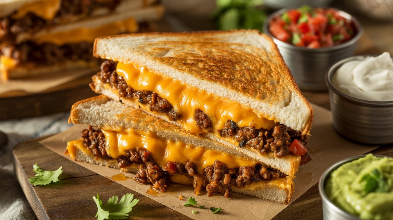 A delicious taco grilled cheese sandwich, showcasing melted cheese and taco fillings.