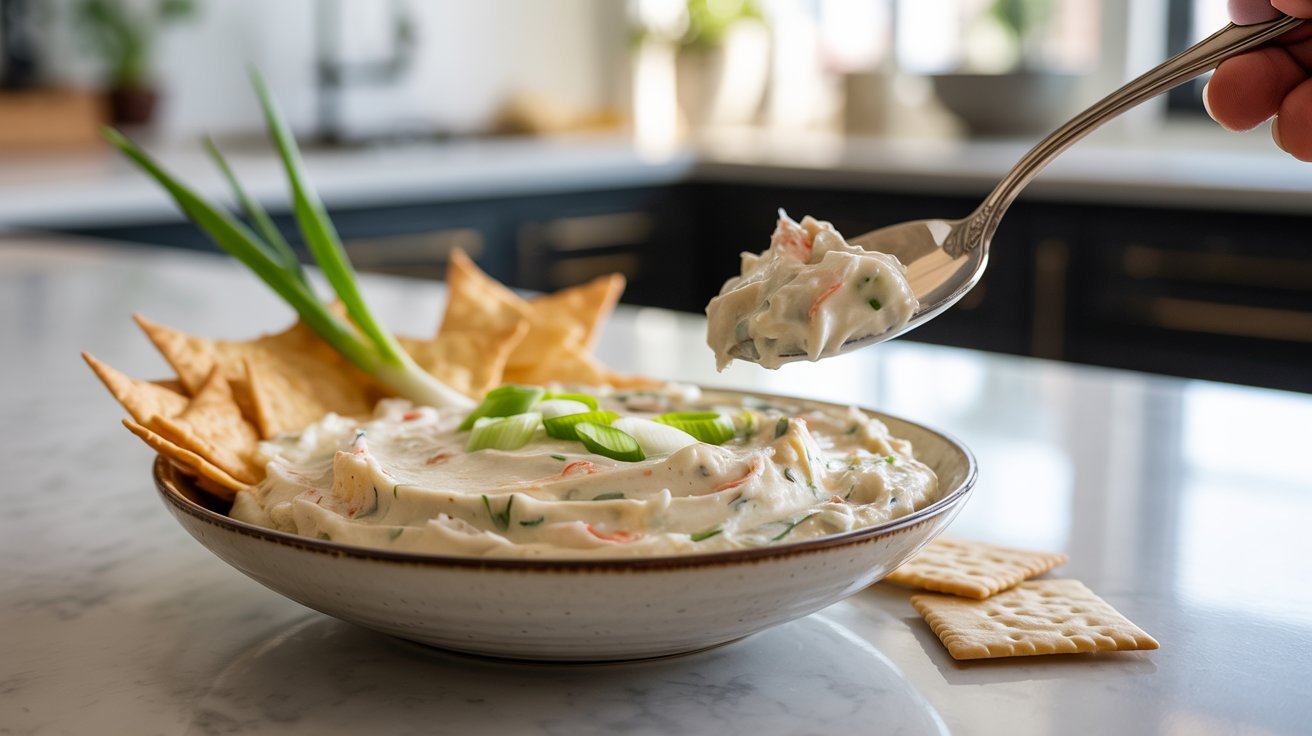 A bowl of Cold Crab Rangoon Dip surrounded by crackers and topped with chopped green onions.