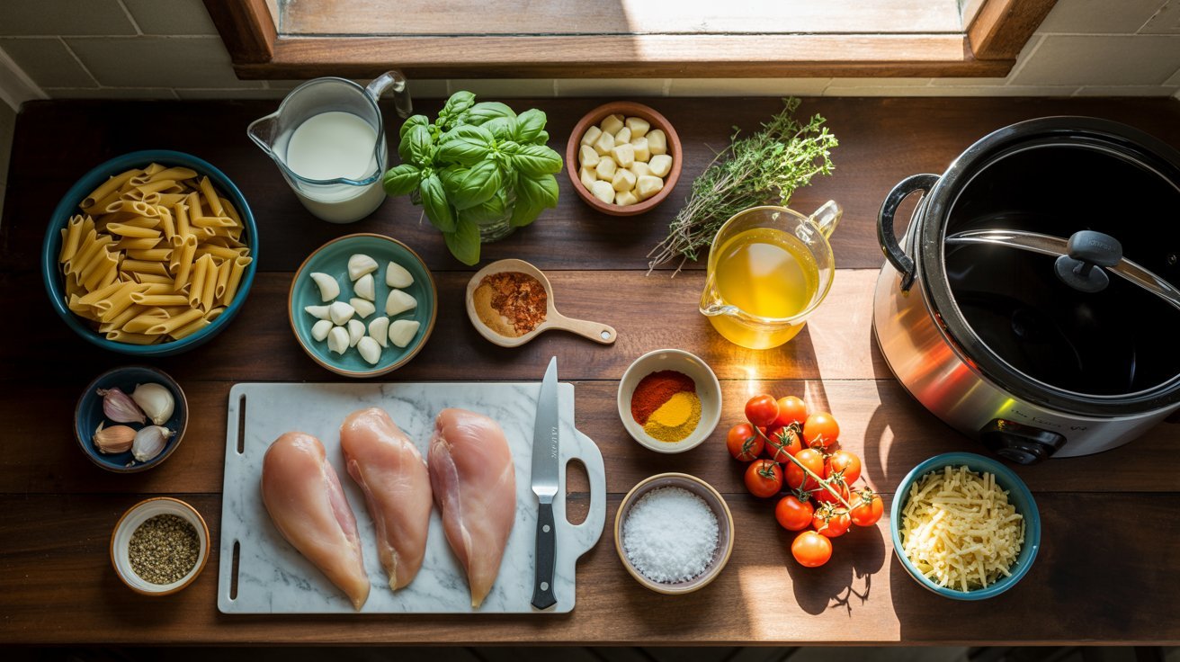 A table displays essential ingredients for chicken and pasta recipes intended for a slow cooker.