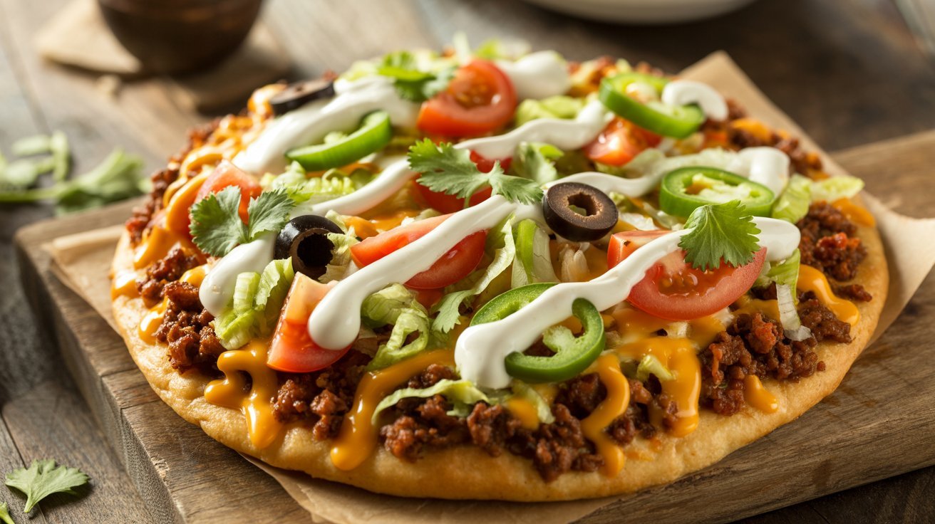 A taco pizza topped with various ingredients, displayed on a wooden cutting board.