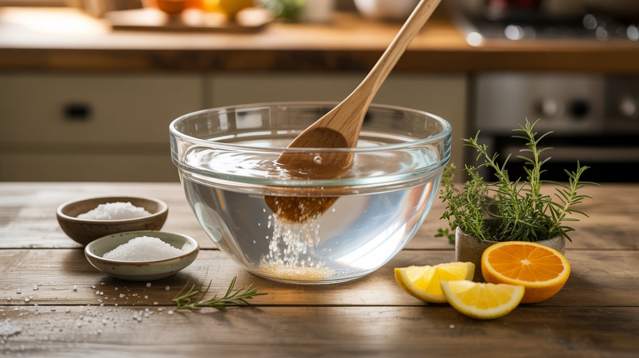 A bowl of water containing salt and lemon slices, with a wooden spoon, demonstrating the brining process for pork Brine Recipe