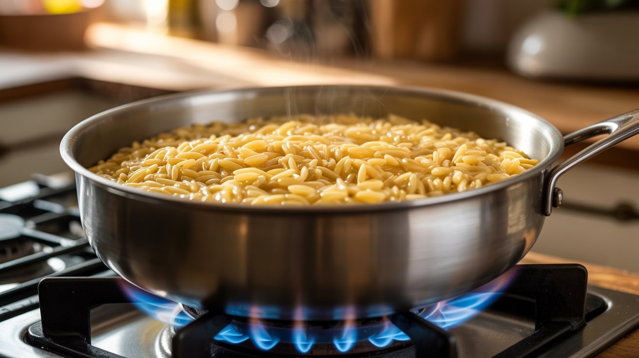 A pot of pasta simmering on a stove, with steam rising, indicating it's cooking.