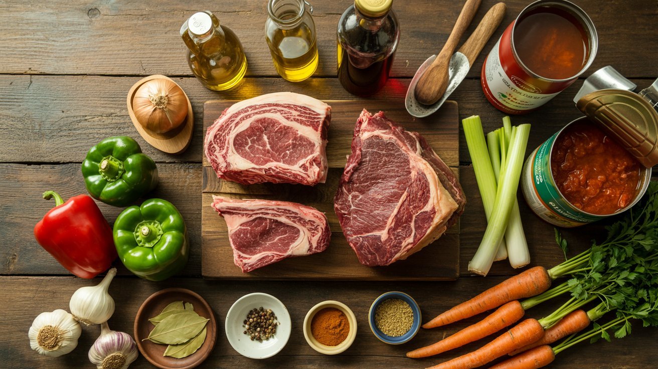 A wooden table featuring raw meat, vibrant vegetables, and spices, highlighting Ropa Vieja ingredient selection.