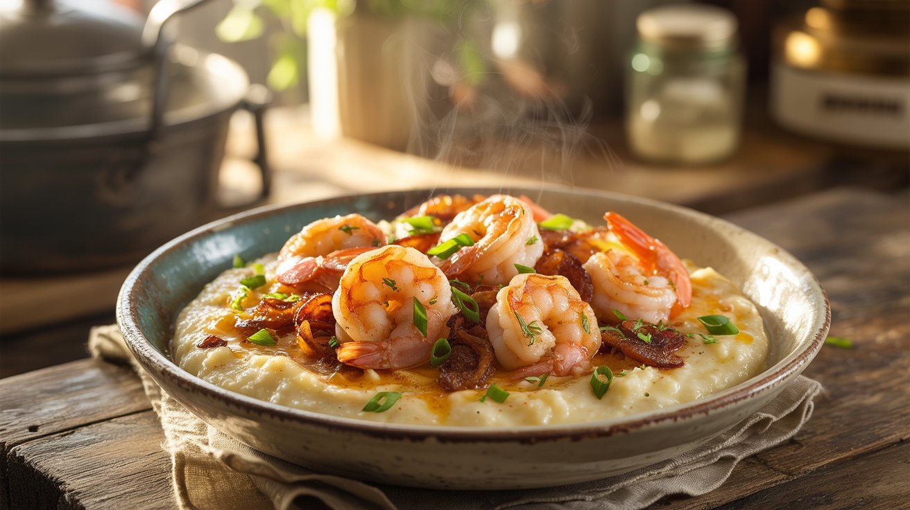A bowl of shrimp and creamy mashed potatoes sits on a rustic wooden table, showcasing a New Orleans-influenced dish.