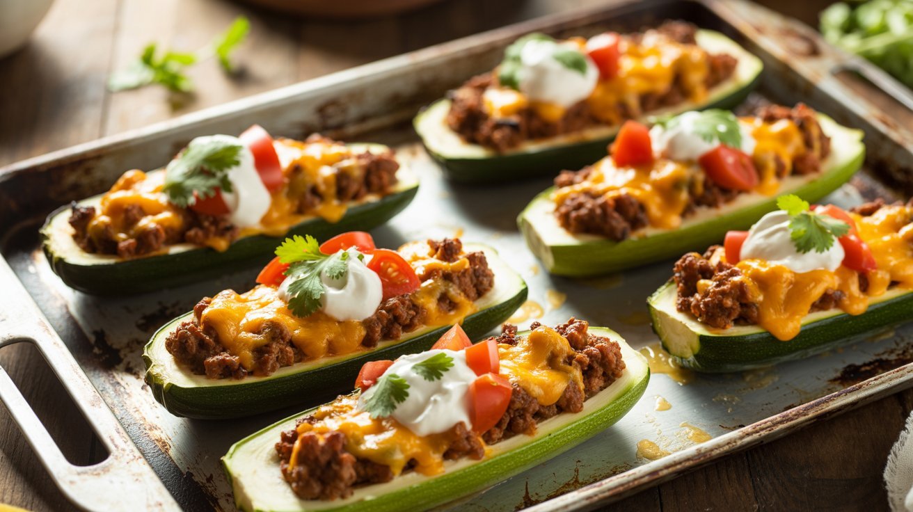 Zucchini boats filled with seasoned meat and topped with melted cheese, presented as a keto-friendly dish.