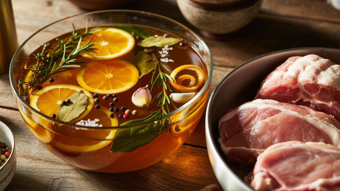 A bowl filled with pork, fresh vegetables, and spices sits on a table, showcasing a flavorful brine recipe.