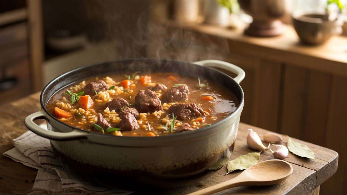 A pot of hearty stew with meat and vegetables and rice placed on a table, showcasing a delicious one-pot meal.