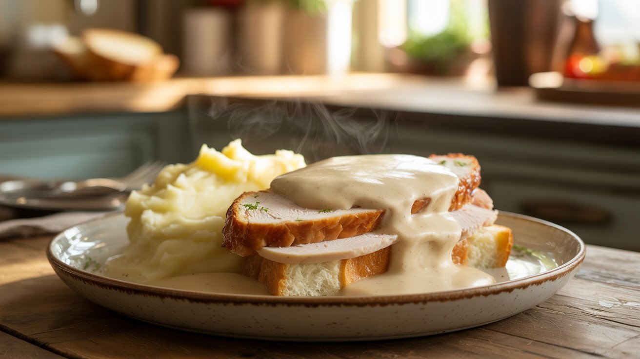 A plate featuring creamy mashed potatoes alongside slices of turkey, part of a Turkey Manhattan recipe.