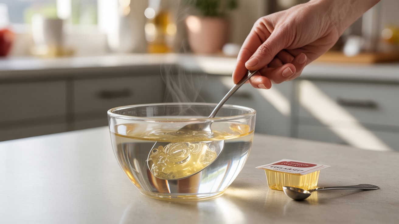 A person stirs gelatin in a glass bowl, preparing ingredients for a shrimp mold recipe.