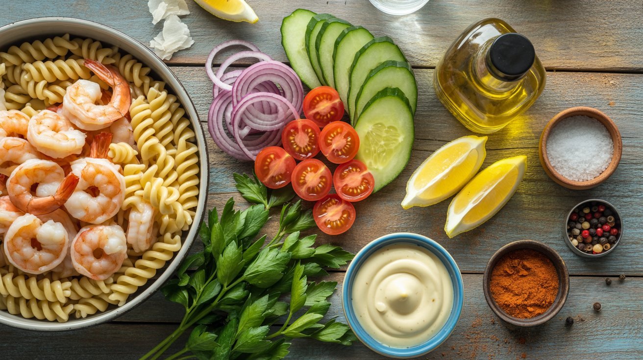 A vibrant pasta salad featuring shrimp, tomatoes, cucumbers, and various fresh ingredients, ideal for a refreshing meal