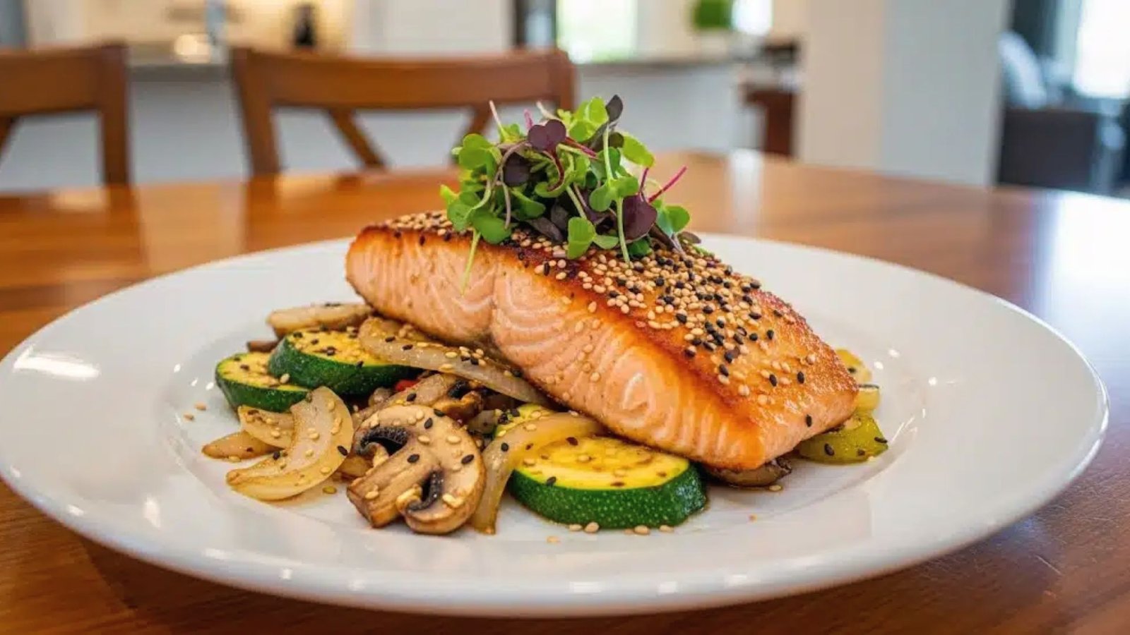 A plate of hibachi-style salmon and colorful vegetables on a rustic wooden table.
