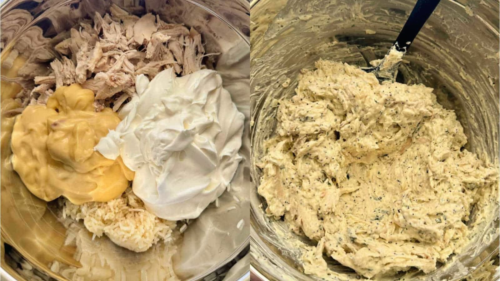 Two pictures displaying ingredients for chicken and cheese, highlighting components for a creamy sauce mix.