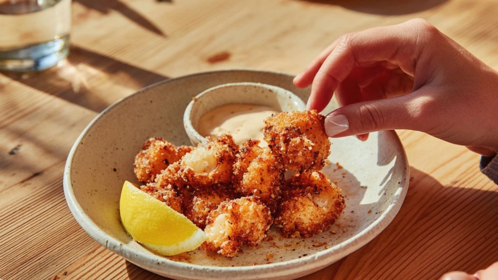 A person holds a piece of crispy fried lobster, showcasing a delicious bite from a lobster bites recipe.